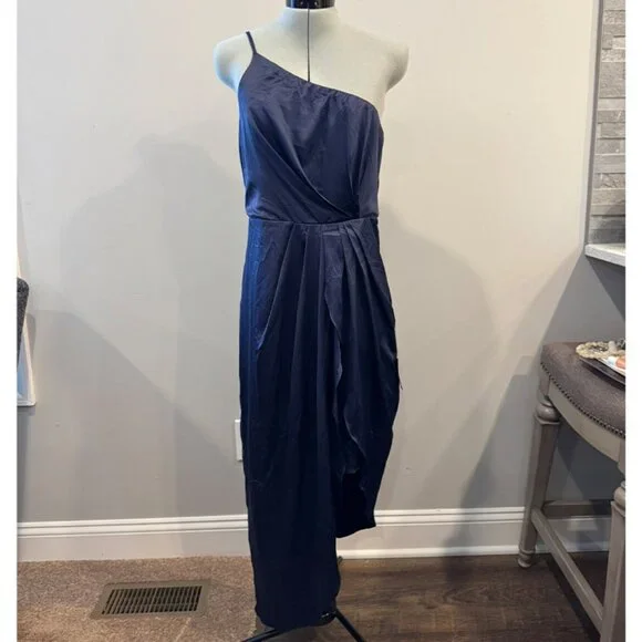 Law Of Attraction Navy Blue One-shoulder Asymmetrical Midi Dress - large NWT - Picture 3 of 10